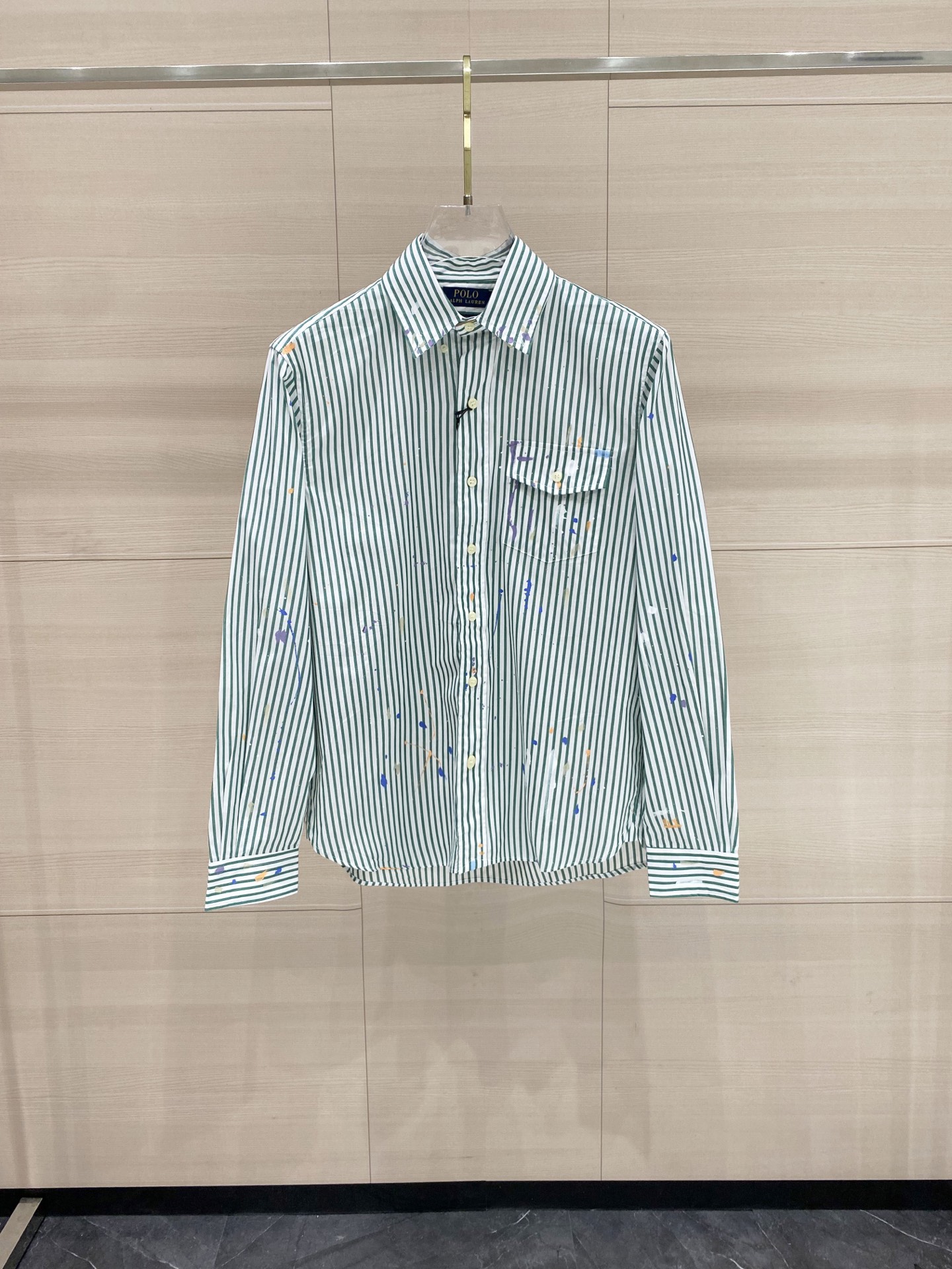 P220 Polo 26新款泼墨条纹棉质长袖 衬衫 经典版 男款 山谷绿。 码数：S M L XL