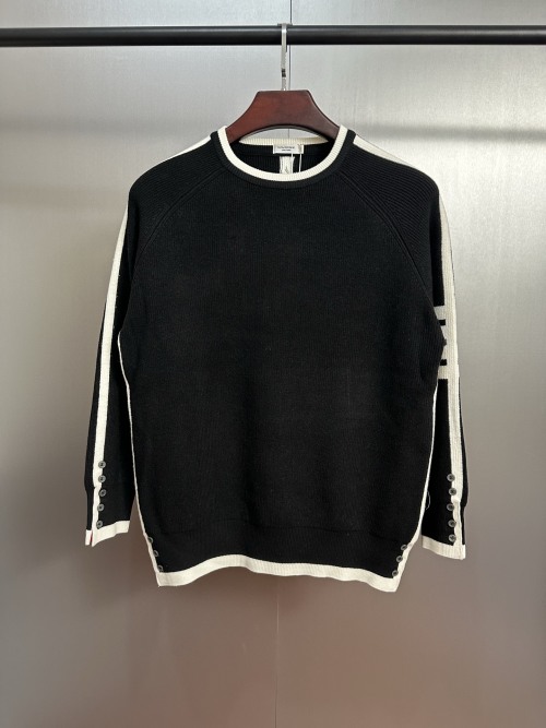 Thom Browne Black Knit Sweater with Signature Stripe and Button Detail 1 Thom Browne Black Knit Sweater with Signature Stripe and Button Detail