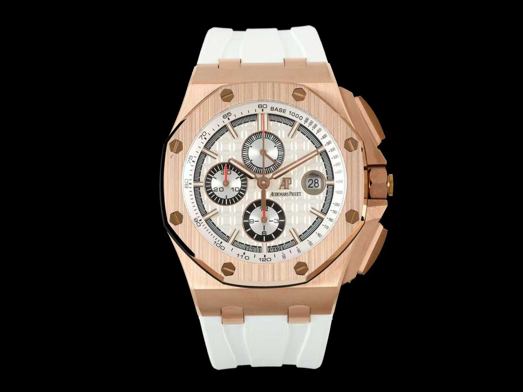 NO:765407,AJ's super product - Royal Oak Offshore 26400 series watch, using new materials, anti-wear, non-allergic, never fade. The entire watch is CNC-level polished  The diamond-shaped case does not cut your hands at all, and the bezel is naturally brushed. Each hexagonal screw is on the same plane as the watch frame. The TE expansion effect of the calendar dial is the same as the original version. The hand-filled super luminous light is infinitely close to the original version in both color and brightness. The ergonomic slightly movable strap head is more comfortable to wear. It is equipped with a new customized version of Cal. 3126 movement, which perfectly reproduces all timing functions, and the rubies on the splint are more authentic.  The stability is stronger. The weight and texture of the entire watch are full of sincerity, and it must be a high-quality product produced by AJ.factory!  ,19860909AJ超级甄品——皇家橡树离岸型26400系列腕表,采用全新的材质,抗耐磨 不过敏 永不褪色.整表CNC级打磨 菱形表壳丝毫不割手,圈口拉丝呈自然一气呵成,每颗六角螺丝与表框皆处在同一平面,日历盘的TE扩大效果与原版无异,纯手工填充的超强夜光不管颜色亦亮度均无限接近原版,符合人体工程学的微微可活动表带头粒佩戴更加舒适,搭载全新的定制版Cal.3126机芯 完美复刻了所有计时功能,夹板的红宝石更真 稳定性更强.整表分量与质感皆诚意满满,AJ.factory出品 必属精品！,,Watch