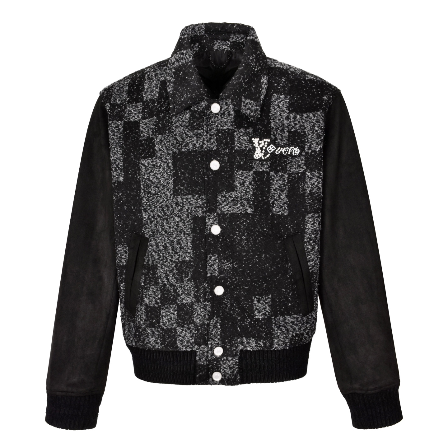 Checkered Wool Blend Varsity Jacket with Leather Sleeves and Rhinestone Details