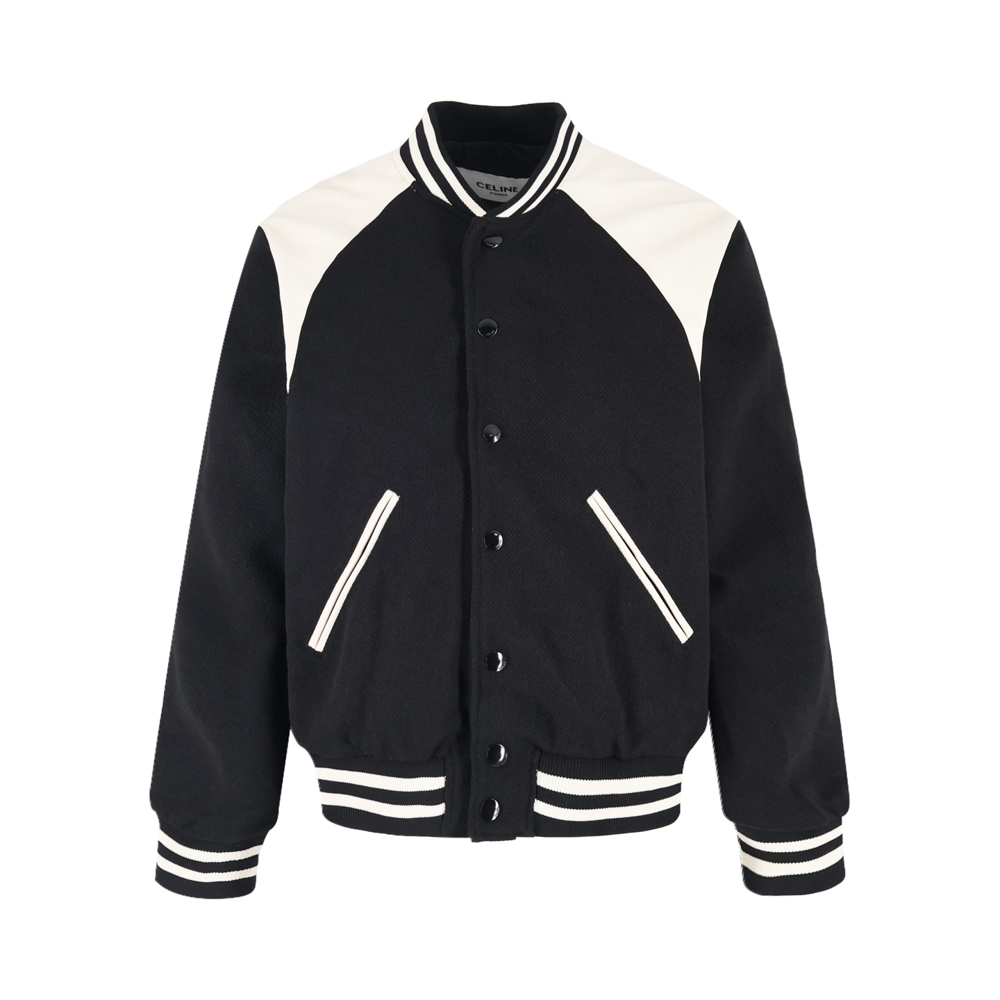 【独家供应】 Celine 24SS拼皮棒球服夹克 原版24,000购入开发，耗时1个月订制90%羊毛毛呢料，除去拼皮部分单件衣服克重高达1kg成本极高。德国进口横机定织羊毛提花螺纹不变形不掉色不起球（普通机器根本做不到这种效果） 选用进…