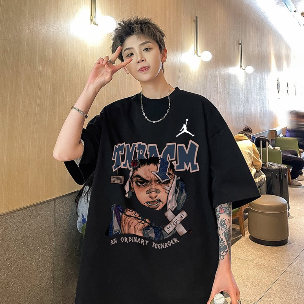 Air Jordan Clothing Shirts & Blouses T-Shirt Black Coffee Color Doodle White Printing Unisex Cotton Summer Collection Short Sleeve
