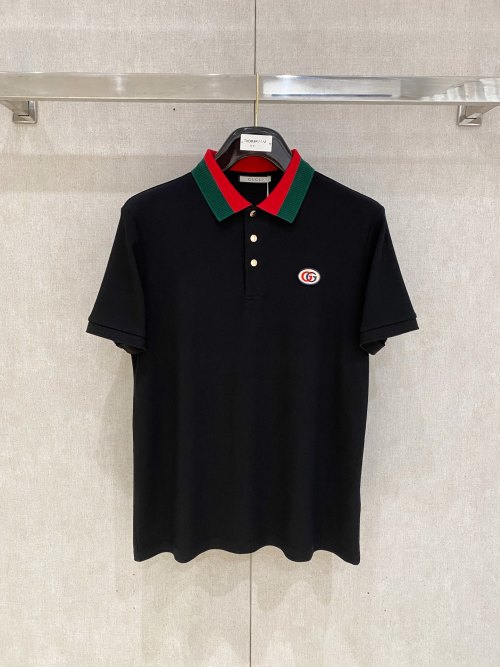 Gucci Men's Black Polo Shirt with Signature Logo and Striped Collar 1 Gucci Men's Black Polo Shirt with Signature Logo and Striped Collar