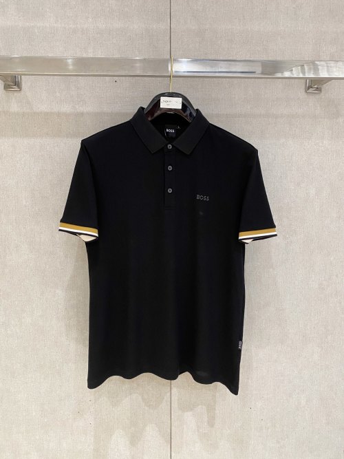 BOSS Men's Black Polo Shirt with Striped Sleeves - Classic Fit, Logo Detail 1 BOSS Men's Black Polo Shirt with Striped Sleeves - Classic Fit, Logo Detail