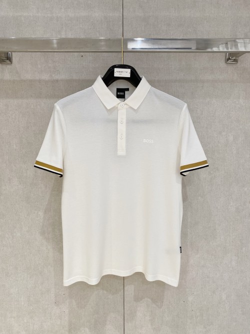 BOSS Men's White Polo Shirt with Logo and Striped Trim, Casual Short Sleeve 1 BOSS Men's White Polo Shirt with Logo and Striped Trim, Casual Short Sleeve