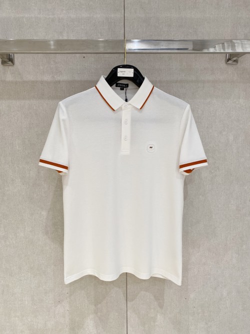 Zegna Men's White Polo Shirt with Brown Trim, Classic Fit, Summer 2025 1 Zegna Men's White Polo Shirt with Brown Trim, Classic Fit, Summer 2025