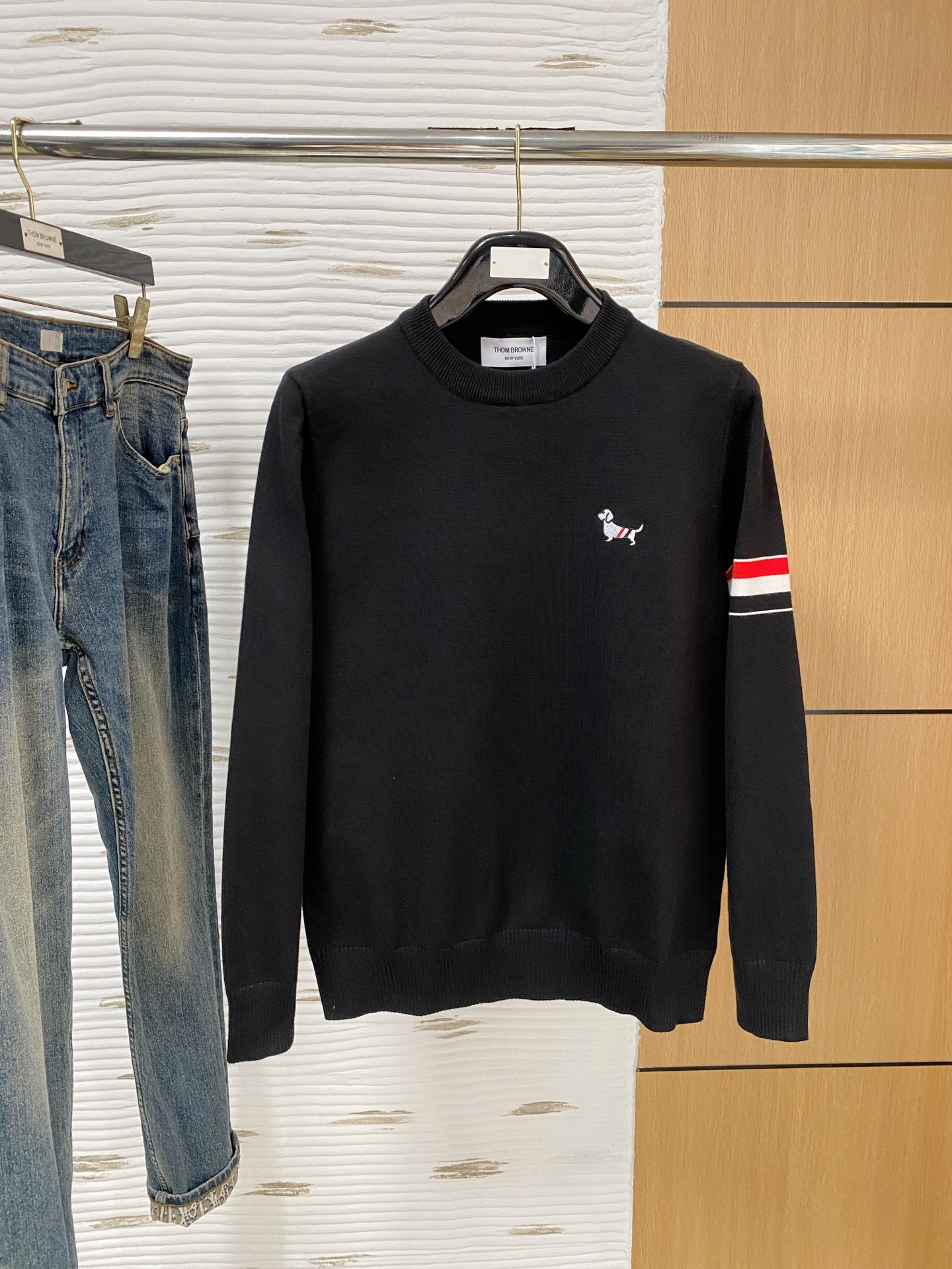 Thom Browne Men's Black Wool Blend Crew Neck Sweater with Dog Embroidery