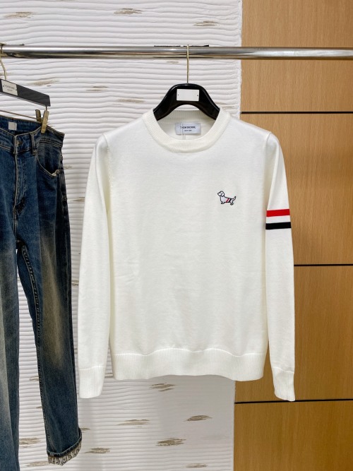 Thom Browne White Wool-Blend Crewneck Sweater with Dog Embroidery 1 Thom Browne White Wool-Blend Crewneck Sweater with Dog Embroidery