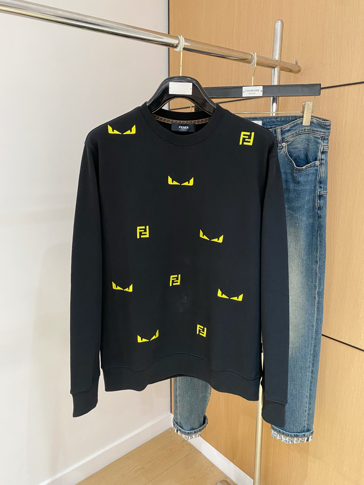 Fendi Black Cotton Sweatshirt with Yellow FF Logo and Eyes Embroidery