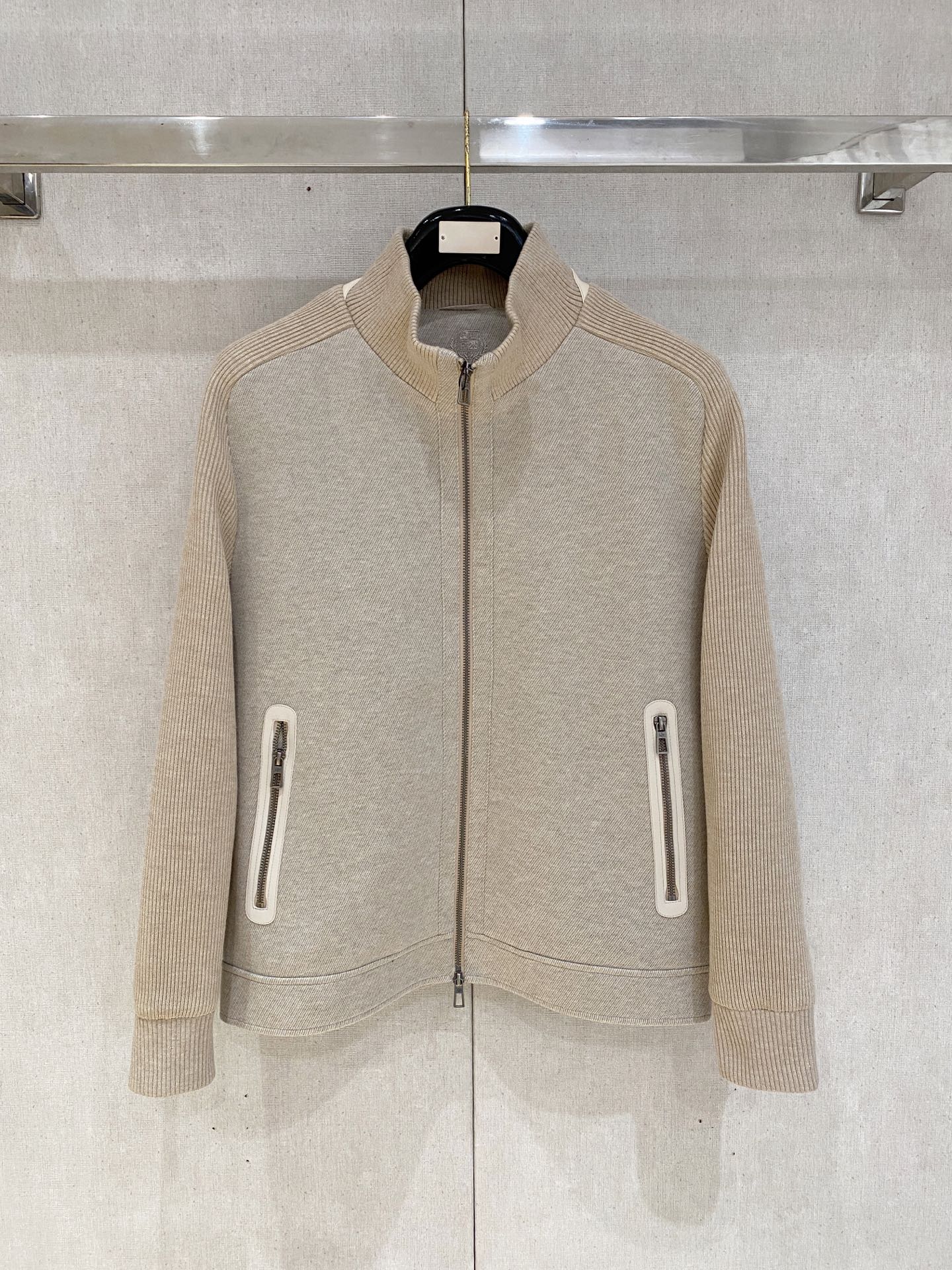 Loro Piana Beige Rib Sleeve Zip Cardigan
