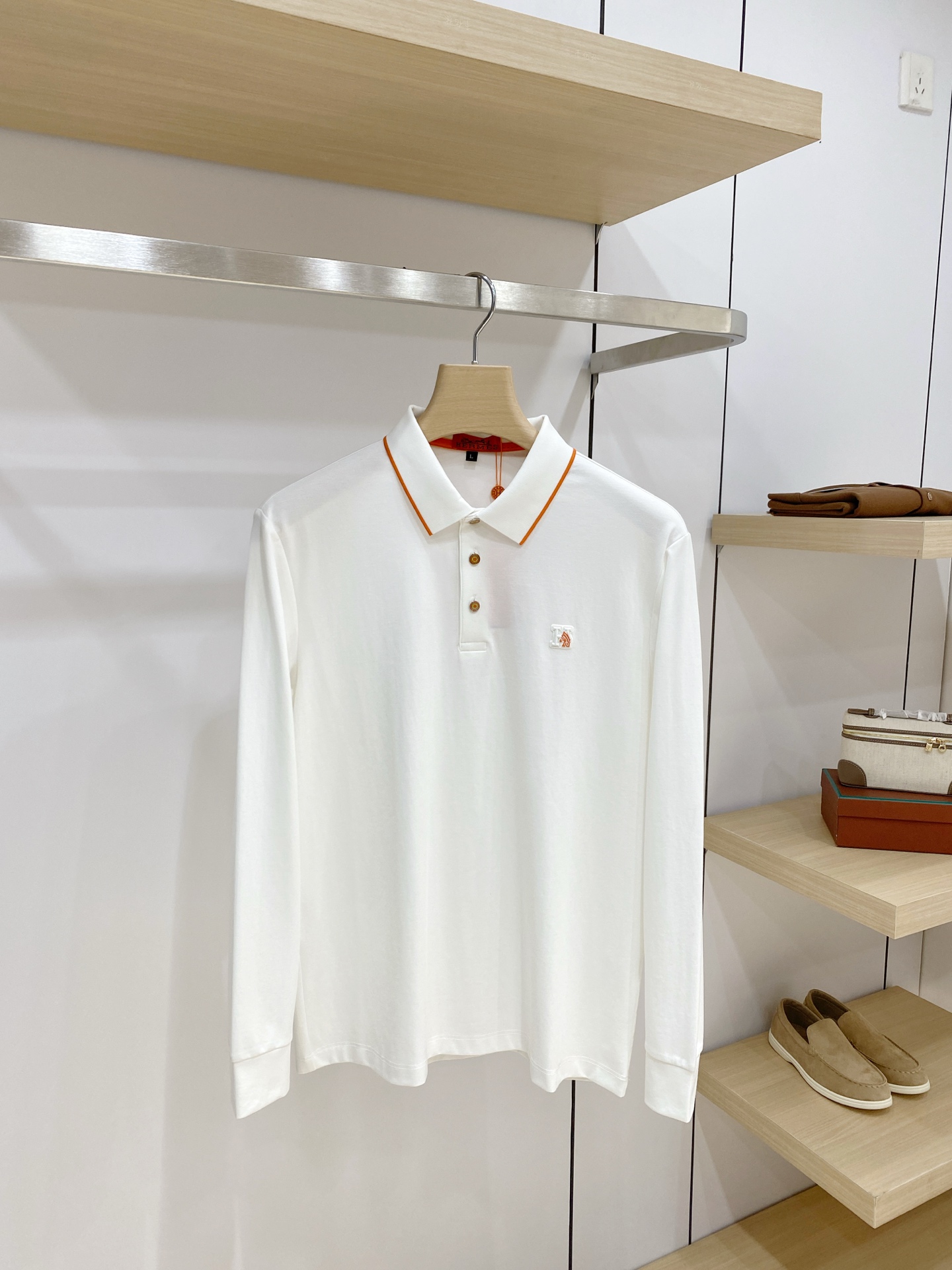 Hermes White Tipped Long Sleeve Polo Shirt