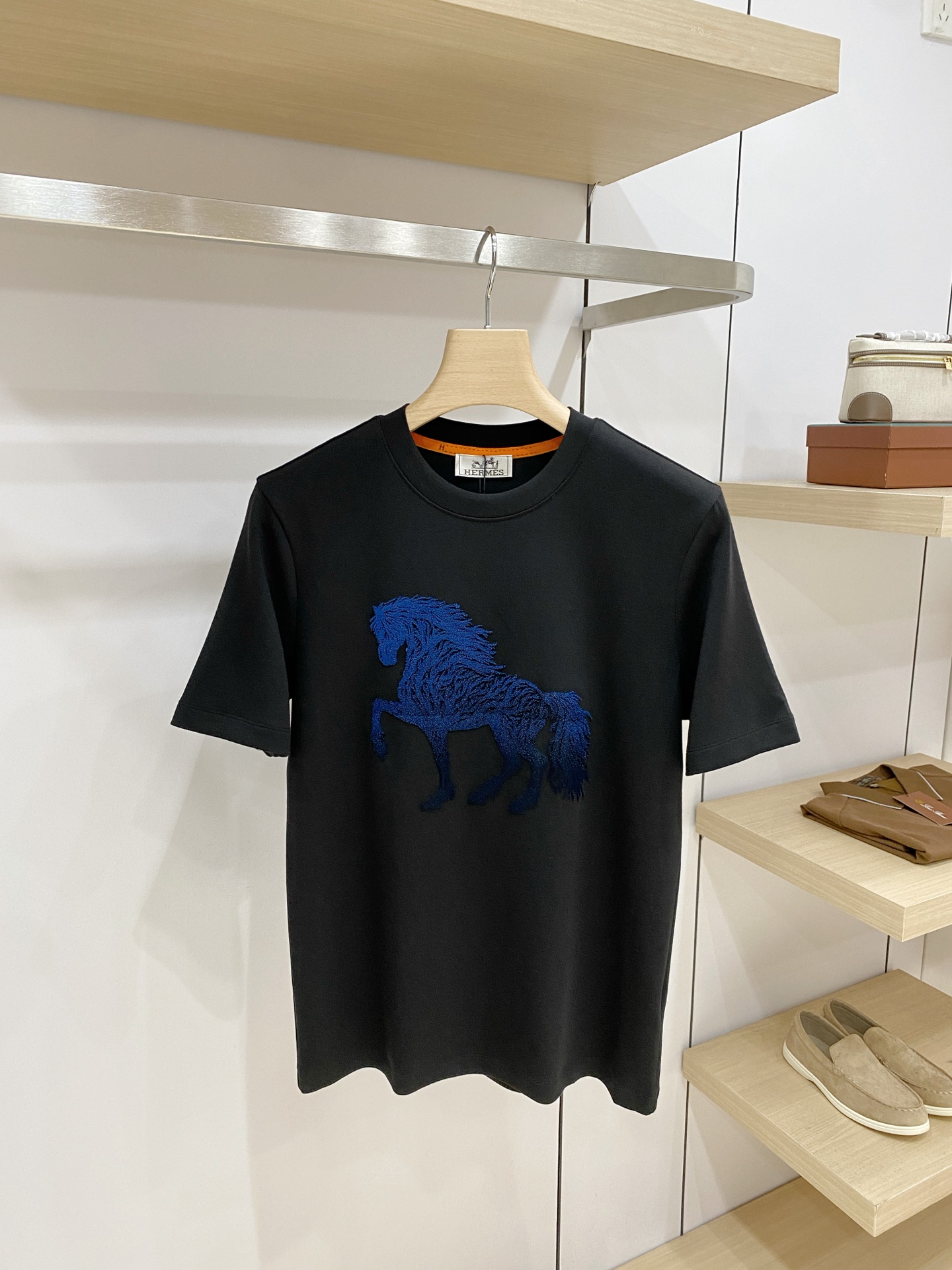 Hermes Black Blue Horse Graphic T-Shirt