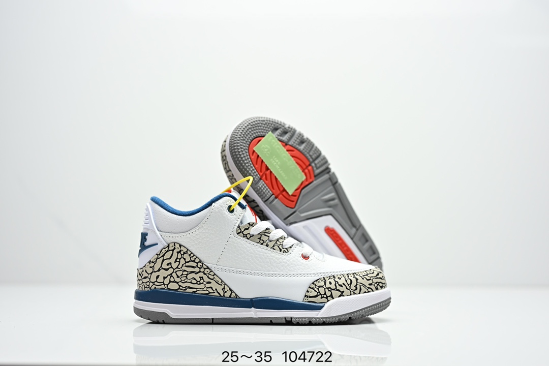图片[4]-童鞋Air Jordan 3 Retro 复刻白水泥 AJ3 乔丹3代 aj3 乔3 经典复刻白水泥 乔丹篮球鞋系列 鞋身以白色为主调，采用优质皮革材质搭配鞋头及后跟处的经典元素爆裂纹，搭配灰色外底，简约而不失活力，纯色鞋身也很好地渲染了其不凡的质感。至于细节，该鞋款后跟处的Jumpman Logo同样采用黑色打造，鞋口及鞋面则添加了透气孔设计，更适合炎热的夏日。 货号：DN3707-100 尺码：如图所示-选品中心