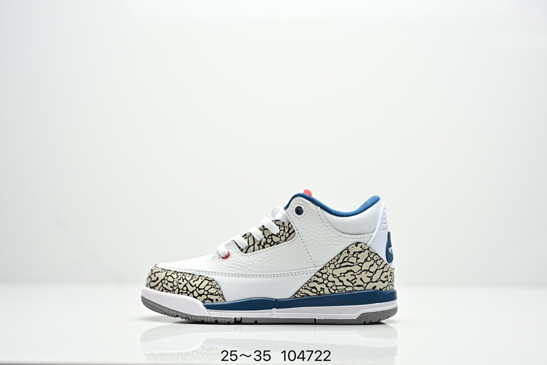 图片[9]-童鞋Air Jordan 3 Retro 复刻白水泥 AJ3 乔丹3代 aj3 乔3 经典复刻白水泥 乔丹篮球鞋系列 鞋身以白色为主调，采用优质皮革材质搭配鞋头及后跟处的经典元素爆裂纹，搭配灰色外底，简约而不失活力，纯色鞋身也很好地渲染了其不凡的质感。至于细节，该鞋款后跟处的Jumpman Logo同样采用黑色打造，鞋口及鞋面则添加了透气孔设计，更适合炎热的夏日。 货号：DN3707-100 尺码：如图所示-选品中心