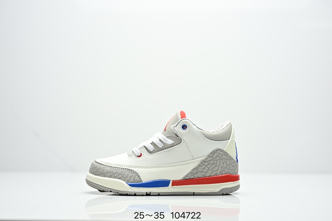 图片[9]-童鞋Air Jordan 3 Retro 复刻白水泥 AJ3 乔丹3代 aj3 乔3 经典复刻白水泥 乔丹篮球鞋系列 鞋身以白色为主调，采用优质皮革材质搭配鞋头及后跟处的经典元素爆裂纹，搭配灰色外底，简约而不失活力，纯色鞋身也很好地渲染了其不凡的质感。至于细节，该鞋款后跟处的Jumpman Logo同样采用黑色打造，鞋口及鞋面则添加了透气孔设计，更适合炎热的夏日。 货号：DN3707-100 尺码：如图所示-选品中心