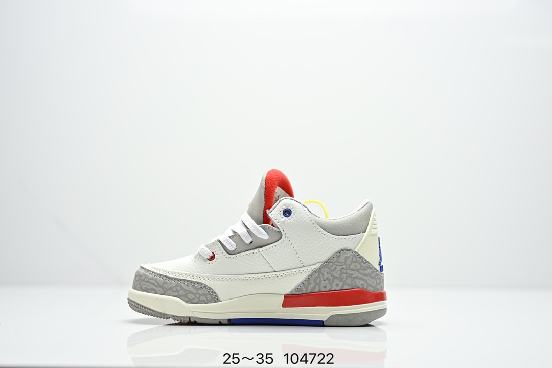 图片[2]-童鞋Air Jordan 3 Retro 复刻白水泥 AJ3 乔丹3代 aj3 乔3 经典复刻白水泥 乔丹篮球鞋系列 鞋身以白色为主调，采用优质皮革材质搭配鞋头及后跟处的经典元素爆裂纹，搭配灰色外底，简约而不失活力，纯色鞋身也很好地渲染了其不凡的质感。至于细节，该鞋款后跟处的Jumpman Logo同样采用黑色打造，鞋口及鞋面则添加了透气孔设计，更适合炎热的夏日。 货号：DN3707-100 尺码：如图所示-选品中心