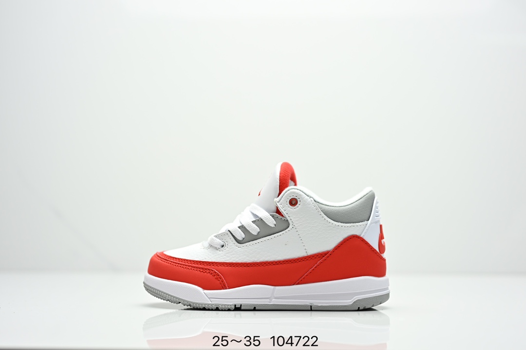 图片[9]-童鞋Air Jordan 3 Retro 复刻白水泥 AJ3 乔丹3代 aj3 乔3 经典复刻白水泥 乔丹篮球鞋系列 鞋身以白色为主调，采用优质皮革材质搭配鞋头及后跟处的经典元素爆裂纹，搭配灰色外底，简约而不失活力，纯色鞋身也很好地渲染了其不凡的质感。至于细节，该鞋款后跟处的Jumpman Logo同样采用黑色打造，鞋口及鞋面则添加了透气孔设计，更适合炎热的夏日。 货号：DN3707-100 尺码：如图所示-选品中心