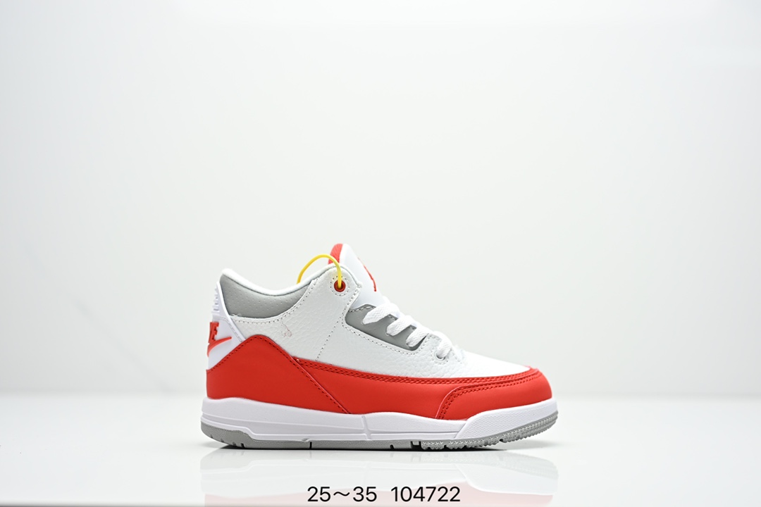 童鞋Air Jordan 3 Retro 复刻白水泥 AJ3 乔丹3代 aj3 乔3 经典复刻白水泥 乔丹篮球鞋系列 鞋身以白色为主调，采用优质皮革材质搭配鞋头及后跟处的经典元素爆裂纹，搭配灰色外底，简约而不失活力，纯色鞋身也很好地渲染了其不凡的质感。至于细节，该鞋款后跟处的Jumpman Logo同样采用黑色打造，鞋口及鞋面则添加了透气孔设计，更适合炎热的夏日。 货号：DN3707-100 尺码：如图所示-选品中心
