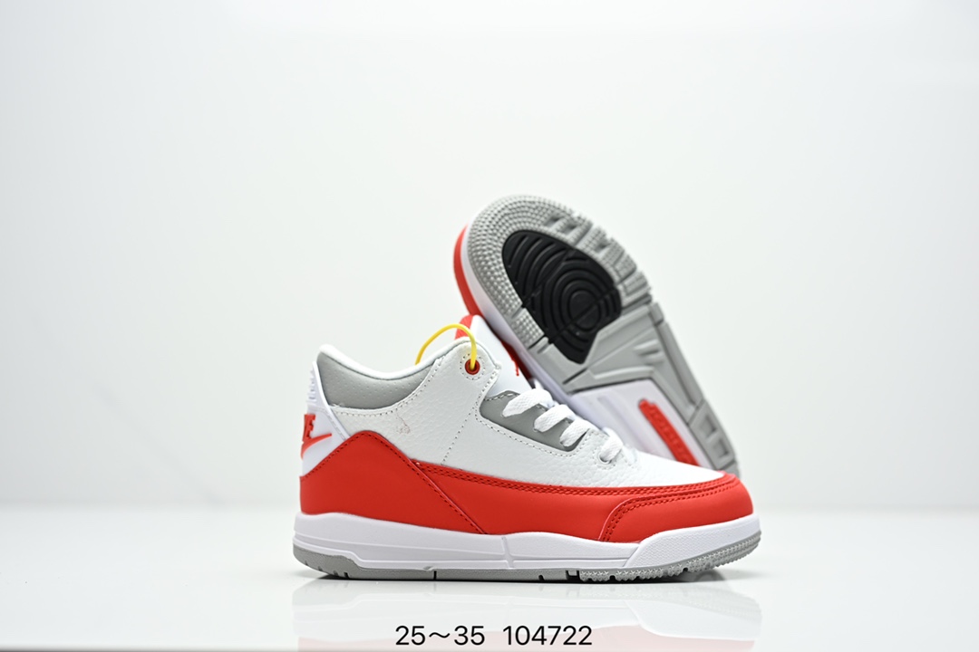 图片[4]-童鞋Air Jordan 3 Retro 复刻白水泥 AJ3 乔丹3代 aj3 乔3 经典复刻白水泥 乔丹篮球鞋系列 鞋身以白色为主调，采用优质皮革材质搭配鞋头及后跟处的经典元素爆裂纹，搭配灰色外底，简约而不失活力，纯色鞋身也很好地渲染了其不凡的质感。至于细节，该鞋款后跟处的Jumpman Logo同样采用黑色打造，鞋口及鞋面则添加了透气孔设计，更适合炎热的夏日。 货号：DN3707-100 尺码：如图所示-选品中心