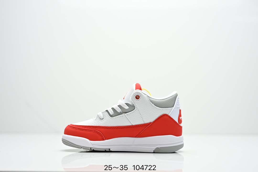 图片[2]-童鞋Air Jordan 3 Retro 复刻白水泥 AJ3 乔丹3代 aj3 乔3 经典复刻白水泥 乔丹篮球鞋系列 鞋身以白色为主调，采用优质皮革材质搭配鞋头及后跟处的经典元素爆裂纹，搭配灰色外底，简约而不失活力，纯色鞋身也很好地渲染了其不凡的质感。至于细节，该鞋款后跟处的Jumpman Logo同样采用黑色打造，鞋口及鞋面则添加了透气孔设计，更适合炎热的夏日。 货号：DN3707-100 尺码：如图所示-选品中心
