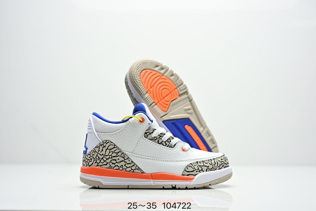 图片[6]-童鞋Air Jordan 3 Retro 复刻白水泥 AJ3 乔丹3代 aj3 乔3 经典复刻白水泥 乔丹篮球鞋系列 鞋身以白色为主调，采用优质皮革材质搭配鞋头及后跟处的经典元素爆裂纹，搭配灰色外底，简约而不失活力，纯色鞋身也很好地渲染了其不凡的质感。至于细节，该鞋款后跟处的Jumpman Logo同样采用黑色打造，鞋口及鞋面则添加了透气孔设计，更适合炎热的夏日。 货号：DN3707-100 尺码：如图所示-选品中心