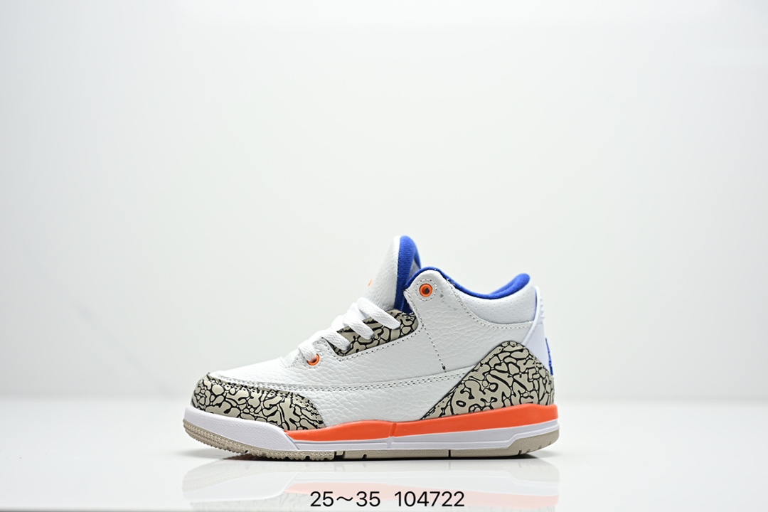 童鞋Air Jordan 3 Retro 复刻白水泥 AJ3 乔丹3代 aj3 乔3 经典复刻白水泥 乔丹篮球鞋系列 鞋身以白色为主调，采用优质皮革材质搭配鞋头及后跟处的经典元素爆裂纹，搭配灰色外底，简约而不失活力，纯色鞋身也很好地渲染了其不凡的质感。至于细节，该鞋款后跟处的Jumpman Logo同样采用黑色打造，鞋口及鞋面则添加了透气孔设计，更适合炎热的夏日。 货号：DN3707-100 尺码：如图所示-选品中心