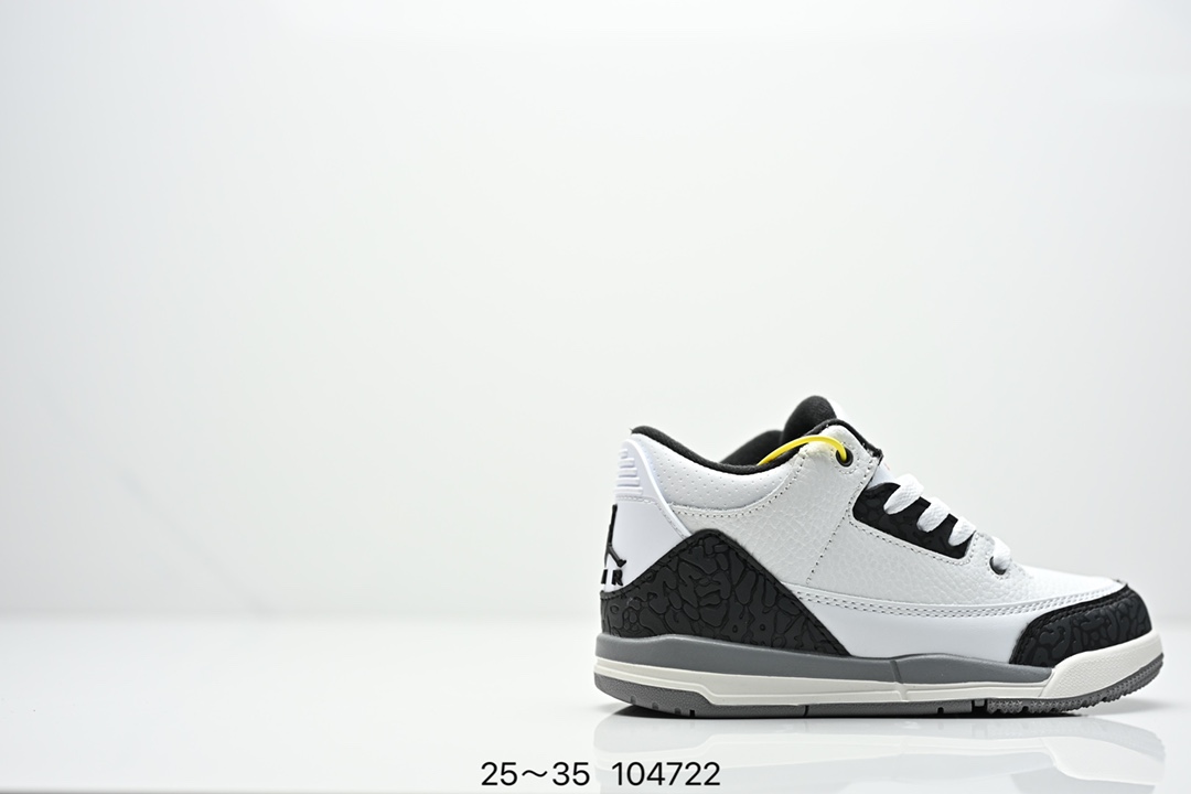 图片[2]-童鞋Air Jordan 3 Retro 复刻白水泥 AJ3 乔丹3代 aj3 乔3 经典复刻白水泥 乔丹篮球鞋系列 鞋身以白色为主调，采用优质皮革材质搭配鞋头及后跟处的经典元素爆裂纹，搭配灰色外底，简约而不失活力，纯色鞋身也很好地渲染了其不凡的质感。至于细节，该鞋款后跟处的Jumpman Logo同样采用黑色打造，鞋口及鞋面则添加了透气孔设计，更适合炎热的夏日。 货号：DN3707-100 尺码：如图所示-选品中心