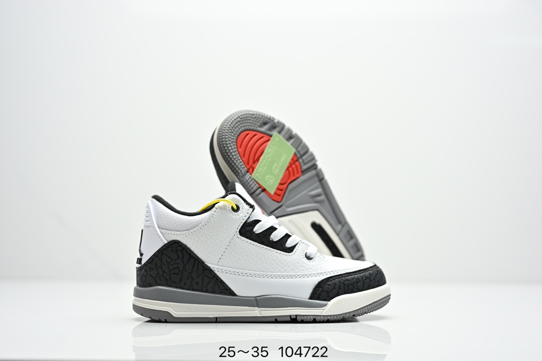 图片[5]-童鞋Air Jordan 3 Retro 复刻白水泥 AJ3 乔丹3代 aj3 乔3 经典复刻白水泥 乔丹篮球鞋系列 鞋身以白色为主调，采用优质皮革材质搭配鞋头及后跟处的经典元素爆裂纹，搭配灰色外底，简约而不失活力，纯色鞋身也很好地渲染了其不凡的质感。至于细节，该鞋款后跟处的Jumpman Logo同样采用黑色打造，鞋口及鞋面则添加了透气孔设计，更适合炎热的夏日。 货号：DN3707-100 尺码：如图所示-选品中心