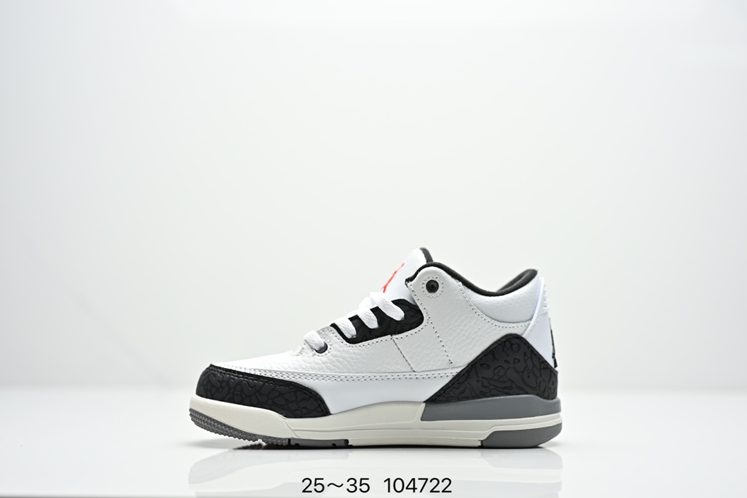 图片[3]-童鞋Air Jordan 3 Retro 复刻白水泥 AJ3 乔丹3代 aj3 乔3 经典复刻白水泥 乔丹篮球鞋系列 鞋身以白色为主调，采用优质皮革材质搭配鞋头及后跟处的经典元素爆裂纹，搭配灰色外底，简约而不失活力，纯色鞋身也很好地渲染了其不凡的质感。至于细节，该鞋款后跟处的Jumpman Logo同样采用黑色打造，鞋口及鞋面则添加了透气孔设计，更适合炎热的夏日。 货号：DN3707-100 尺码：如图所示-选品中心
