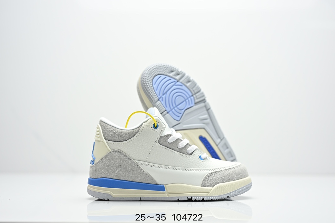图片[5]-童鞋Air Jordan 3 Retro 复刻白水泥 AJ3 乔丹3代 aj3 乔3 经典复刻白水泥 乔丹篮球鞋系列 鞋身以白色为主调，采用优质皮革材质搭配鞋头及后跟处的经典元素爆裂纹，搭配灰色外底，简约而不失活力，纯色鞋身也很好地渲染了其不凡的质感。至于细节，该鞋款后跟处的Jumpman Logo同样采用黑色打造，鞋口及鞋面则添加了透气孔设计，更适合炎热的夏日。 货号：DN3707-100 尺码：如图所示-选品中心