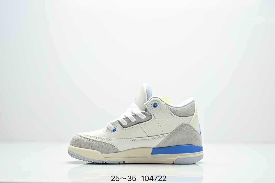 图片[3]-童鞋Air Jordan 3 Retro 复刻白水泥 AJ3 乔丹3代 aj3 乔3 经典复刻白水泥 乔丹篮球鞋系列 鞋身以白色为主调，采用优质皮革材质搭配鞋头及后跟处的经典元素爆裂纹，搭配灰色外底，简约而不失活力，纯色鞋身也很好地渲染了其不凡的质感。至于细节，该鞋款后跟处的Jumpman Logo同样采用黑色打造，鞋口及鞋面则添加了透气孔设计，更适合炎热的夏日。 货号：DN3707-100 尺码：如图所示-选品中心