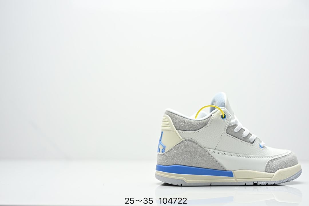 图片[2]-童鞋Air Jordan 3 Retro 复刻白水泥 AJ3 乔丹3代 aj3 乔3 经典复刻白水泥 乔丹篮球鞋系列 鞋身以白色为主调，采用优质皮革材质搭配鞋头及后跟处的经典元素爆裂纹，搭配灰色外底，简约而不失活力，纯色鞋身也很好地渲染了其不凡的质感。至于细节，该鞋款后跟处的Jumpman Logo同样采用黑色打造，鞋口及鞋面则添加了透气孔设计，更适合炎热的夏日。 货号：DN3707-100 尺码：如图所示-选品中心