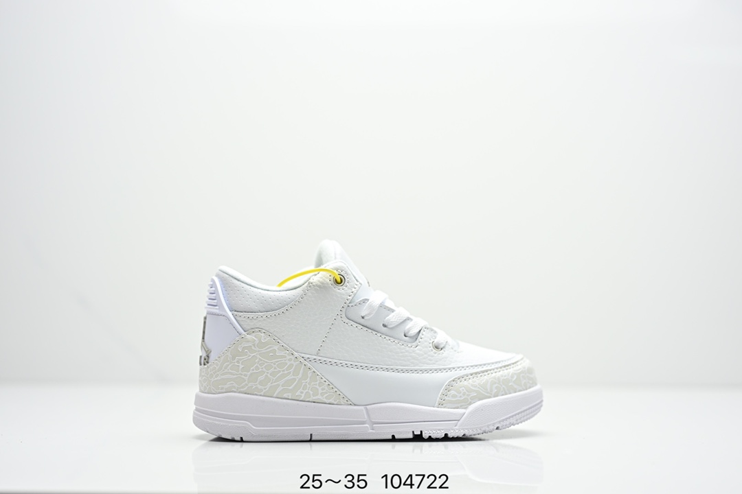 童鞋Air Jordan 3 Retro 复刻白水泥 AJ3 乔丹3代 aj3 乔3 经典复刻白水泥 乔丹篮球鞋系列 鞋身以白色为主调，采用优质皮革材质搭配鞋头及后跟处的经典元素爆裂纹，搭配灰色外底，简约而不失活力，纯色鞋身也很好地渲染了其不凡的质感。至于细节，该鞋款后跟处的Jumpman Logo同样采用黑色打造，鞋口及鞋面则添加了透气孔设计，更适合炎热的夏日。 货号：DN3707-100 尺码：如图所示-选品中心