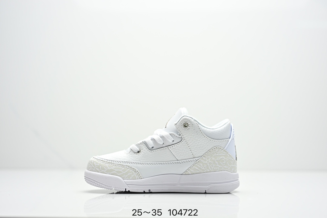 图片[3]-童鞋Air Jordan 3 Retro 复刻白水泥 AJ3 乔丹3代 aj3 乔3 经典复刻白水泥 乔丹篮球鞋系列 鞋身以白色为主调，采用优质皮革材质搭配鞋头及后跟处的经典元素爆裂纹，搭配灰色外底，简约而不失活力，纯色鞋身也很好地渲染了其不凡的质感。至于细节，该鞋款后跟处的Jumpman Logo同样采用黑色打造，鞋口及鞋面则添加了透气孔设计，更适合炎热的夏日。 货号：DN3707-100 尺码：如图所示-选品中心