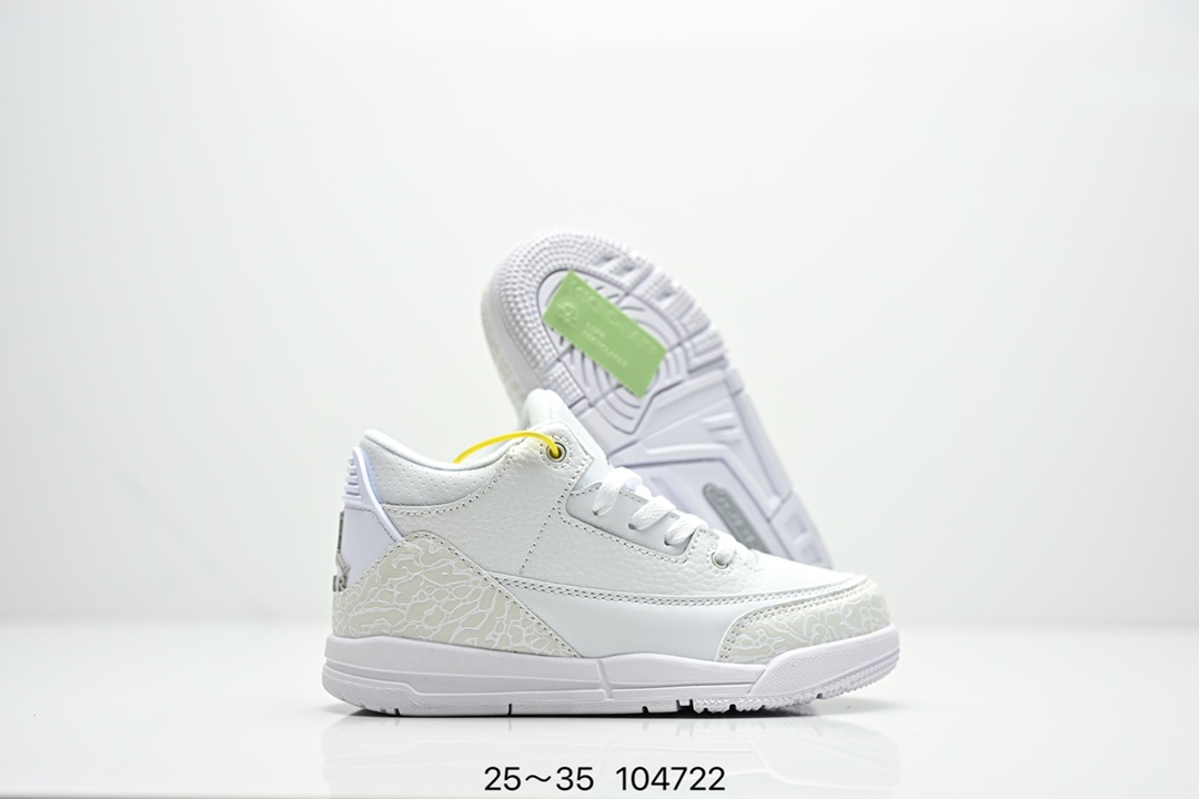 图片[5]-童鞋Air Jordan 3 Retro 复刻白水泥 AJ3 乔丹3代 aj3 乔3 经典复刻白水泥 乔丹篮球鞋系列 鞋身以白色为主调，采用优质皮革材质搭配鞋头及后跟处的经典元素爆裂纹，搭配灰色外底，简约而不失活力，纯色鞋身也很好地渲染了其不凡的质感。至于细节，该鞋款后跟处的Jumpman Logo同样采用黑色打造，鞋口及鞋面则添加了透气孔设计，更适合炎热的夏日。 货号：DN3707-100 尺码：如图所示-选品中心