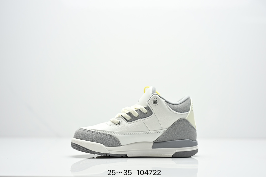 图片[3]-童鞋Air Jordan 3 Retro 复刻白水泥 AJ3 乔丹3代 aj3 乔3 经典复刻白水泥 乔丹篮球鞋系列 鞋身以白色为主调，采用优质皮革材质搭配鞋头及后跟处的经典元素爆裂纹，搭配灰色外底，简约而不失活力，纯色鞋身也很好地渲染了其不凡的质感。至于细节，该鞋款后跟处的Jumpman Logo同样采用黑色打造，鞋口及鞋面则添加了透气孔设计，更适合炎热的夏日。 货号：DN3707-100 尺码：如图所示-选品中心