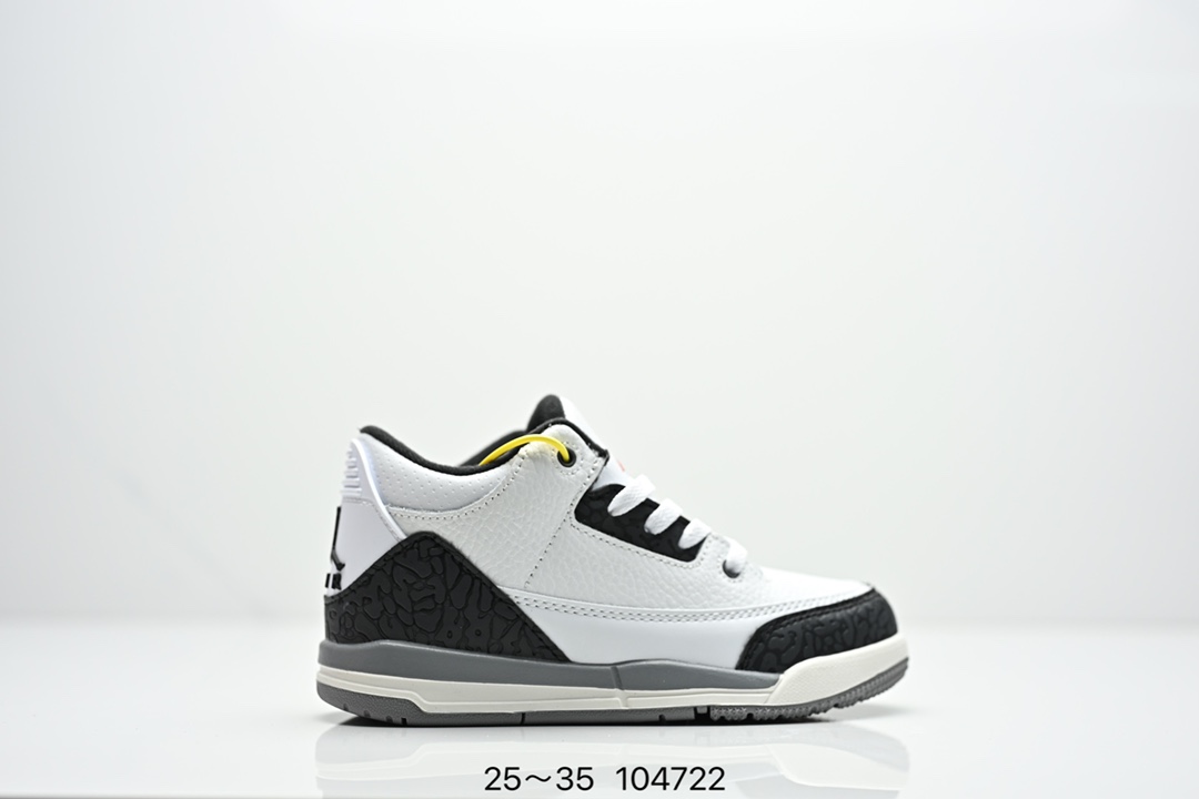 图片[8]-集合图 童鞋Air Jordan 3 Retro 复刻白水泥 AJ3 乔丹3代 aj3 乔3 经典复刻白水泥 乔丹篮球鞋系列 鞋身以白色为主调，采用优质皮革材质搭配鞋头及后跟处的经典元素爆裂纹，搭配灰色外底，简约而不失活力，纯色鞋身也很好地渲染了其不凡的质感。至于细节，该鞋款后跟处的Jumpman Logo同样采用黑色打造，鞋口及鞋面则添加了透气孔设计，更适合炎热的夏日。 货号：DN3707-100 尺码：如图所示-选品中心