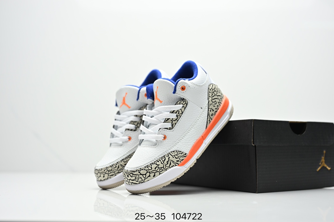 图片[7]-集合图 童鞋Air Jordan 3 Retro 复刻白水泥 AJ3 乔丹3代 aj3 乔3 经典复刻白水泥 乔丹篮球鞋系列 鞋身以白色为主调，采用优质皮革材质搭配鞋头及后跟处的经典元素爆裂纹，搭配灰色外底，简约而不失活力，纯色鞋身也很好地渲染了其不凡的质感。至于细节，该鞋款后跟处的Jumpman Logo同样采用黑色打造，鞋口及鞋面则添加了透气孔设计，更适合炎热的夏日。 货号：DN3707-100 尺码：如图所示-选品中心