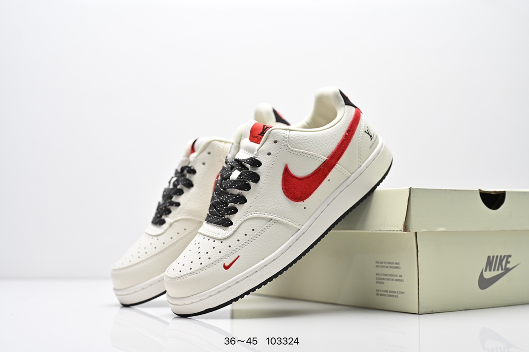 💰160
公司级✅NIKE COURT VISION LO联名 低帮百搭 透气休闲运动板鞋 
兼顾舒适脚感和出众风范 演绎匠心之作 结构性的支撑贴合感结合复古篮球设计 
电绣工艺 皮料切割干净无任何毛边 细节完美
货号:FD5188-103
尺码:36-45
编号：103324