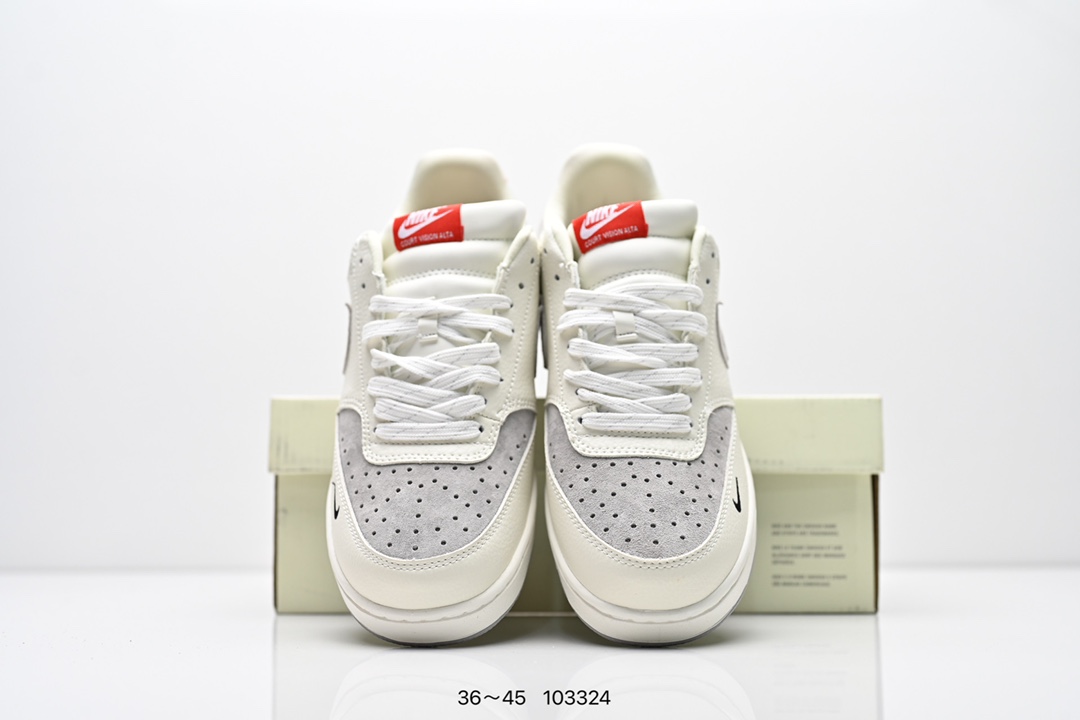💰160
公司级✅NIKE COURT VISION LO联名 低帮百搭 透气休闲运动板鞋 
兼顾舒适脚感和出众风范 演绎匠心之作 结构性的支撑贴合感结合复古篮球设计 
电绣工艺 皮料切割干净无任何毛边 细节完美
货号:FD5188-103
尺码:36-45
编号：103324