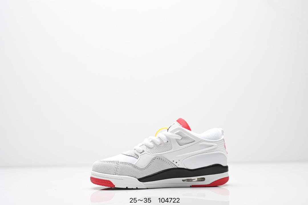 图片[3]-童鞋Air Jordan AJ4 RM 重制版低帮复古篮球鞋 实拍首发 采用了低帮的设计 并保留了众多AJ4的经典元素 鞋身以皮革 麂皮材质拼接打造 AJ4经典的TPU材质延伸至后跟 增强鞋款稳定性 而鞋身侧面的网格设计则被取消 尾部的NIKE AIR标志也得到保留 并同时带有飞人logo 中底部分同样搭载了可视AIR气垫 鞋底采用米白色中底和外底呈现 为整个设计收尾 货号： FQ7940 300CF 尺码：25～35-选品中心