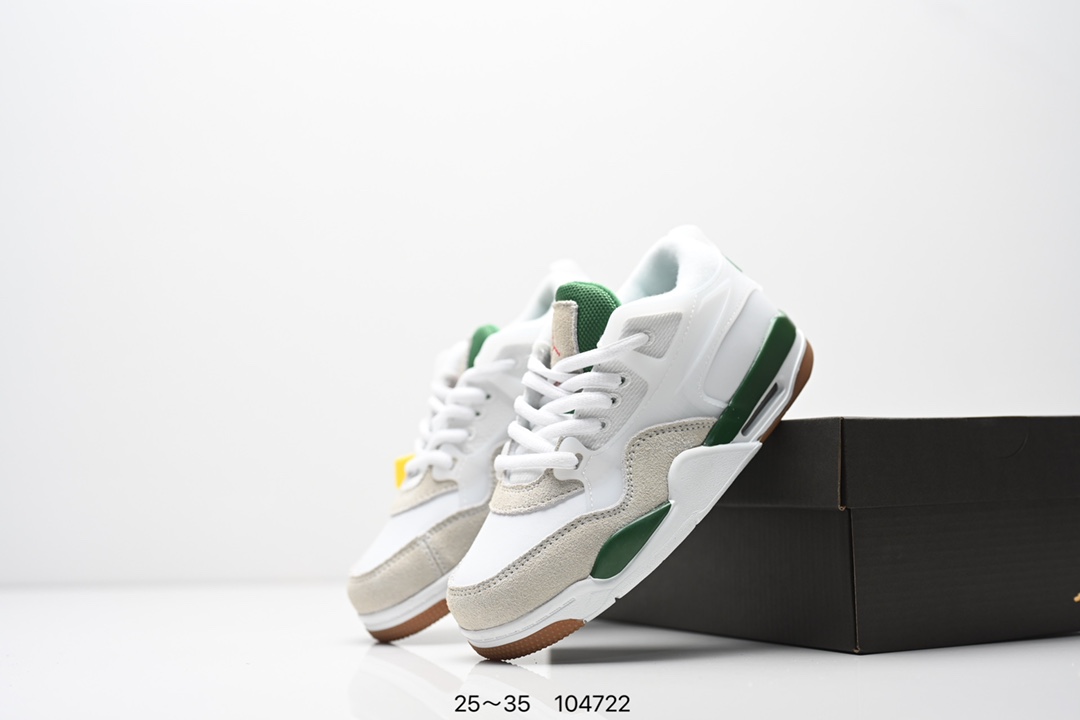 图片[9]-童鞋Air Jordan AJ4 RM 重制版低帮复古篮球鞋 实拍首发 采用了低帮的设计 并保留了众多AJ4的经典元素 鞋身以皮革 麂皮材质拼接打造 AJ4经典的TPU材质延伸至后跟 增强鞋款稳定性 而鞋身侧面的网格设计则被取消 尾部的NIKE AIR标志也得到保留 并同时带有飞人logo 中底部分同样搭载了可视AIR气垫 鞋底采用米白色中底和外底呈现 为整个设计收尾 货号： FQ7940 300CF 尺码：25～35-选品中心