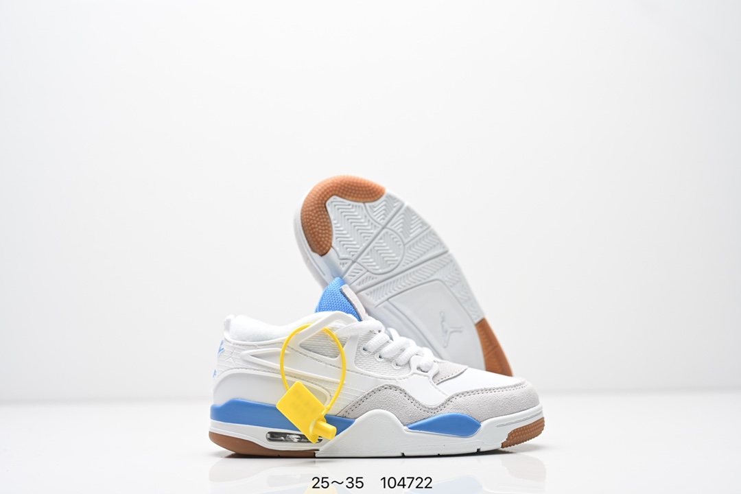图片[5]-童鞋Air Jordan AJ4 RM 重制版低帮复古篮球鞋 实拍首发 采用了低帮的设计 并保留了众多AJ4的经典元素 鞋身以皮革 麂皮材质拼接打造 AJ4经典的TPU材质延伸至后跟 增强鞋款稳定性 而鞋身侧面的网格设计则被取消 尾部的NIKE AIR标志也得到保留 并同时带有飞人logo 中底部分同样搭载了可视AIR气垫 鞋底采用米白色中底和外底呈现 为整个设计收尾 货号： FQ7940 300CF 尺码：25～35-选品中心