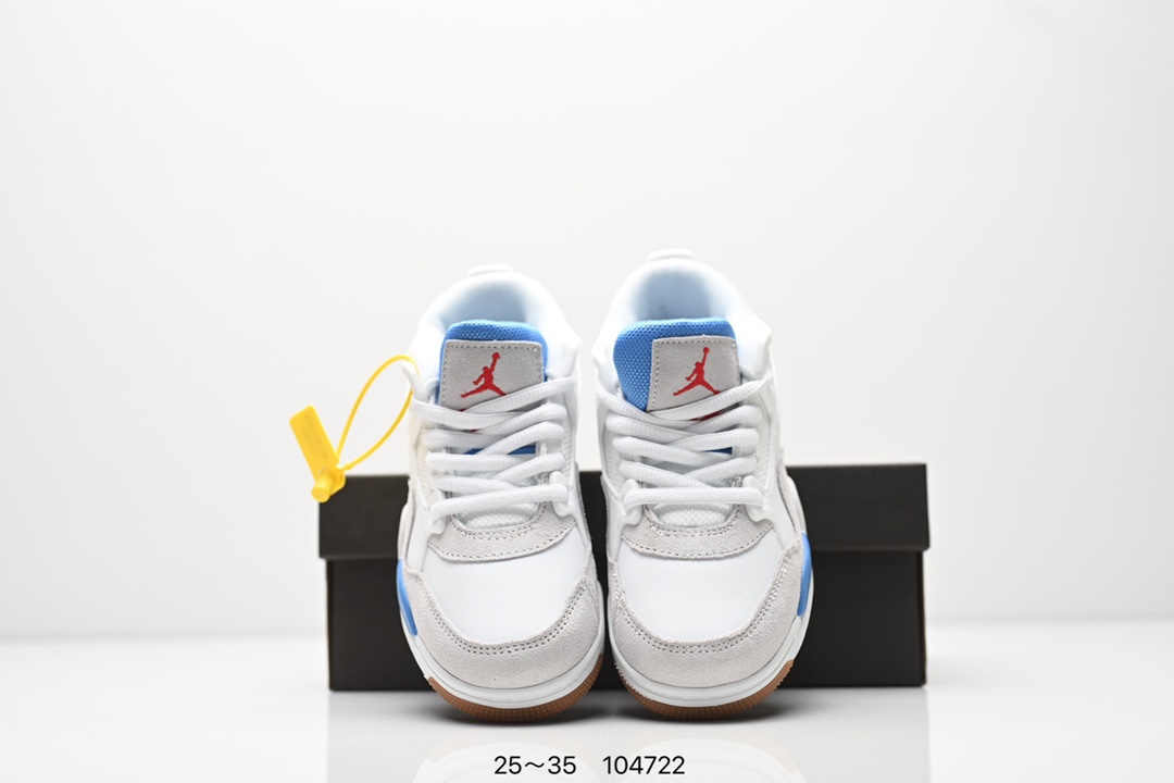 图片[8]-童鞋Air Jordan AJ4 RM 重制版低帮复古篮球鞋 实拍首发 采用了低帮的设计 并保留了众多AJ4的经典元素 鞋身以皮革 麂皮材质拼接打造 AJ4经典的TPU材质延伸至后跟 增强鞋款稳定性 而鞋身侧面的网格设计则被取消 尾部的NIKE AIR标志也得到保留 并同时带有飞人logo 中底部分同样搭载了可视AIR气垫 鞋底采用米白色中底和外底呈现 为整个设计收尾 货号： FQ7940 300CF 尺码：25～35-选品中心