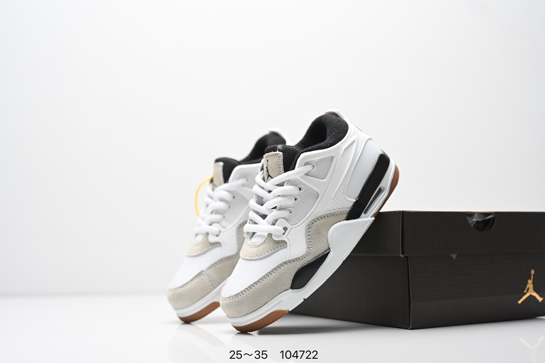 图片[9]-童鞋Air Jordan AJ4 RM 重制版低帮复古篮球鞋 实拍首发 采用了低帮的设计 并保留了众多AJ4的经典元素 鞋身以皮革 麂皮材质拼接打造 AJ4经典的TPU材质延伸至后跟 增强鞋款稳定性 而鞋身侧面的网格设计则被取消 尾部的NIKE AIR标志也得到保留 并同时带有飞人logo 中底部分同样搭载了可视AIR气垫 鞋底采用米白色中底和外底呈现 为整个设计收尾 货号： FQ7940 300CF 尺码：25～35-选品中心