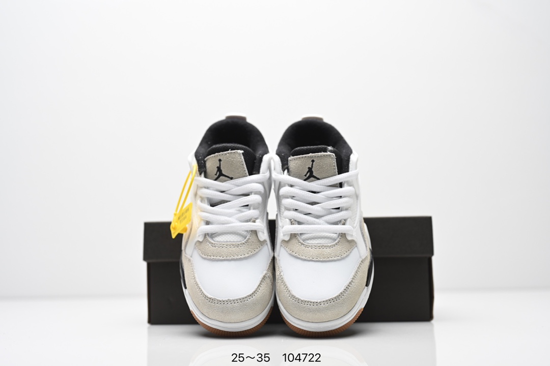 图片[8]-童鞋Air Jordan AJ4 RM 重制版低帮复古篮球鞋 实拍首发 采用了低帮的设计 并保留了众多AJ4的经典元素 鞋身以皮革 麂皮材质拼接打造 AJ4经典的TPU材质延伸至后跟 增强鞋款稳定性 而鞋身侧面的网格设计则被取消 尾部的NIKE AIR标志也得到保留 并同时带有飞人logo 中底部分同样搭载了可视AIR气垫 鞋底采用米白色中底和外底呈现 为整个设计收尾 货号： FQ7940 300CF 尺码：25～35-选品中心