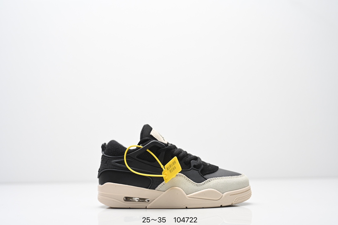 童鞋Air Jordan AJ4 RM 重制版低帮复古篮球鞋 实拍首发 采用了低帮的设计 并保留了众多AJ4的经典元素 鞋身以皮革 麂皮材质拼接打造 AJ4经典的TPU材质延伸至后跟 增强鞋款稳定性 而鞋身侧面的网格设计则被取消 尾部的NIKE AIR标志也得到保留 并同时带有飞人logo 中底部分同样搭载了可视AIR气垫 鞋底采用米白色中底和外底呈现 为整个设计收尾 货号： FQ7940 300CF 尺码：25～35-选品中心