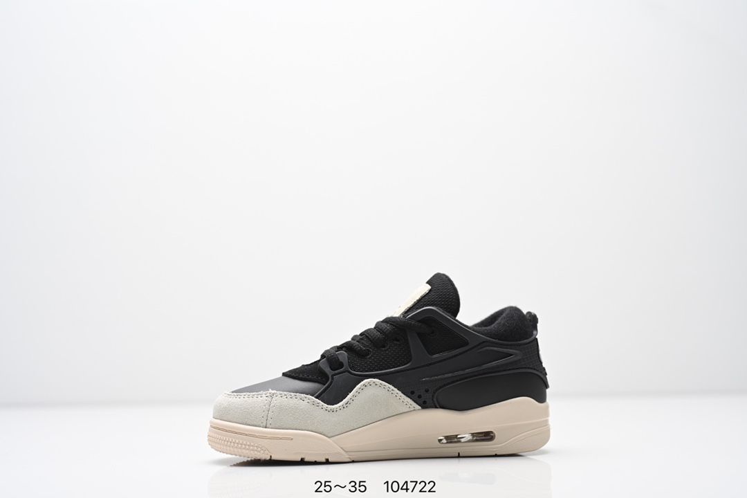 图片[3]-童鞋Air Jordan AJ4 RM 重制版低帮复古篮球鞋 实拍首发 采用了低帮的设计 并保留了众多AJ4的经典元素 鞋身以皮革 麂皮材质拼接打造 AJ4经典的TPU材质延伸至后跟 增强鞋款稳定性 而鞋身侧面的网格设计则被取消 尾部的NIKE AIR标志也得到保留 并同时带有飞人logo 中底部分同样搭载了可视AIR气垫 鞋底采用米白色中底和外底呈现 为整个设计收尾 货号： FQ7940 300CF 尺码：25～35-选品中心