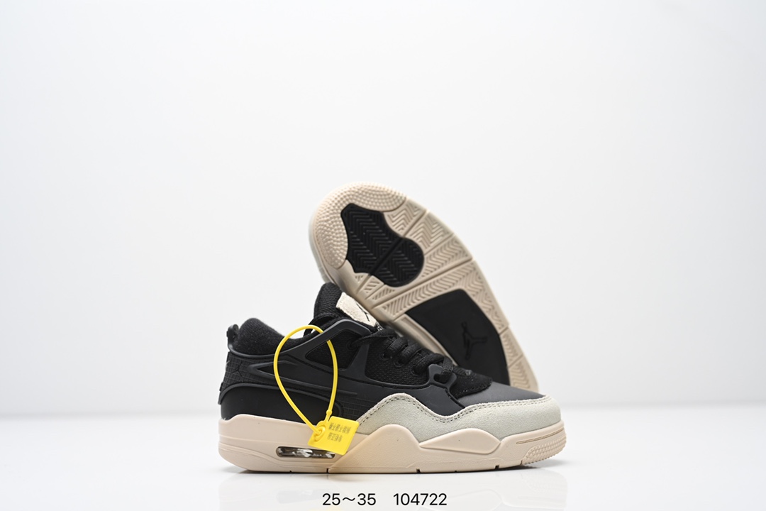 图片[5]-童鞋Air Jordan AJ4 RM 重制版低帮复古篮球鞋 实拍首发 采用了低帮的设计 并保留了众多AJ4的经典元素 鞋身以皮革 麂皮材质拼接打造 AJ4经典的TPU材质延伸至后跟 增强鞋款稳定性 而鞋身侧面的网格设计则被取消 尾部的NIKE AIR标志也得到保留 并同时带有飞人logo 中底部分同样搭载了可视AIR气垫 鞋底采用米白色中底和外底呈现 为整个设计收尾 货号： FQ7940 300CF 尺码：25～35-选品中心