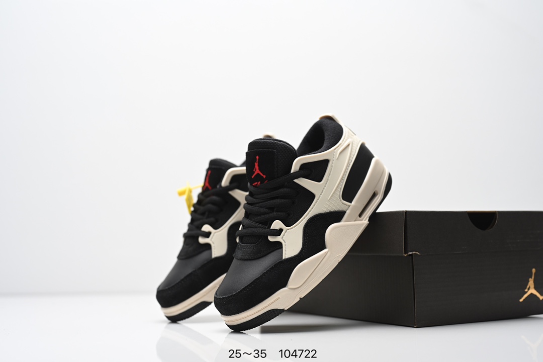 图片[9]-童鞋Air Jordan AJ4 RM 重制版低帮复古篮球鞋 实拍首发 采用了低帮的设计 并保留了众多AJ4的经典元素 鞋身以皮革 麂皮材质拼接打造 AJ4经典的TPU材质延伸至后跟 增强鞋款稳定性 而鞋身侧面的网格设计则被取消 尾部的NIKE AIR标志也得到保留 并同时带有飞人logo 中底部分同样搭载了可视AIR气垫 鞋底采用米白色中底和外底呈现 为整个设计收尾 货号： FQ7940 300CF 尺码：25～35-选品中心